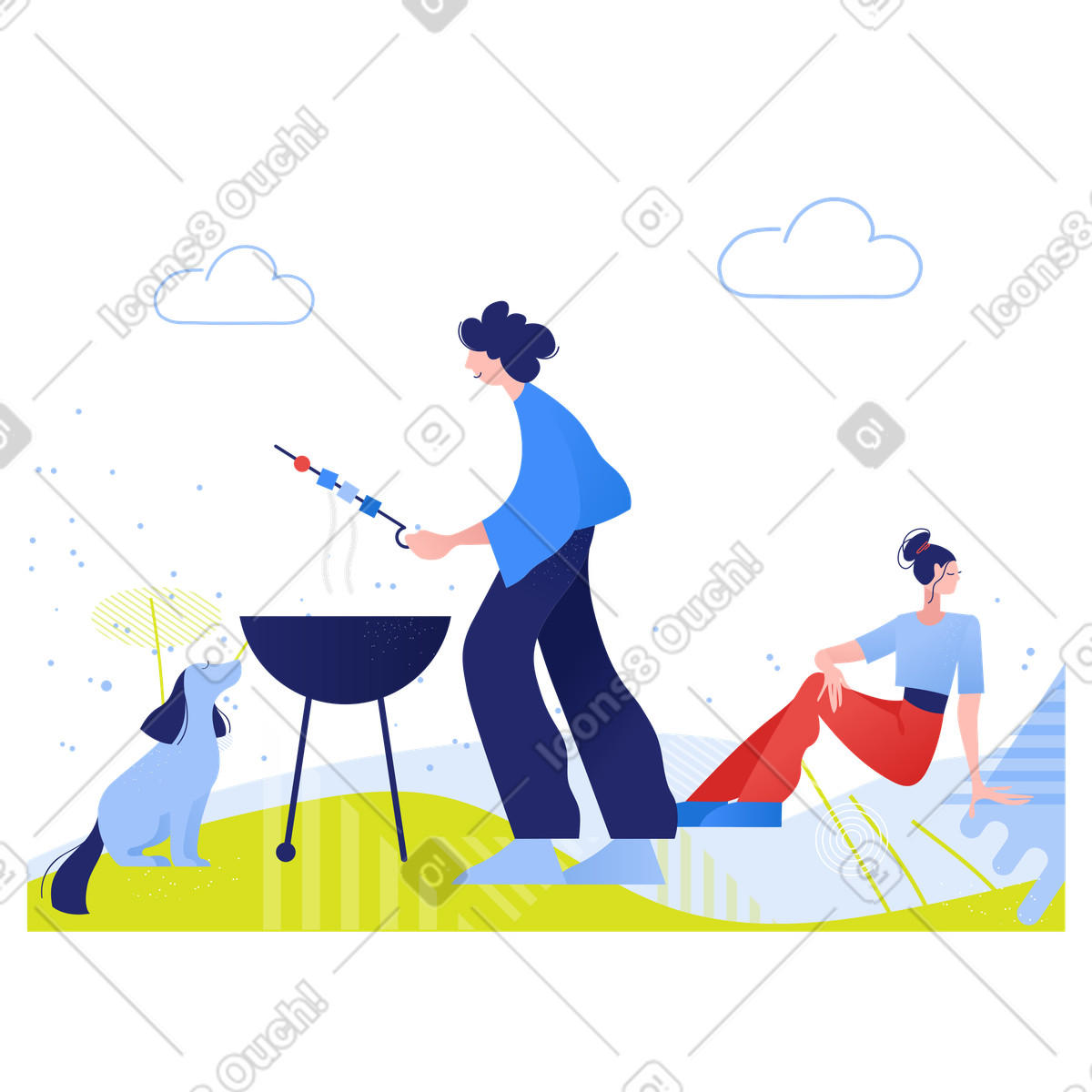 Mann, frau und hund beim sommergrillen in der natur-Illustration im Clip-Stil als Download PNG, SVG