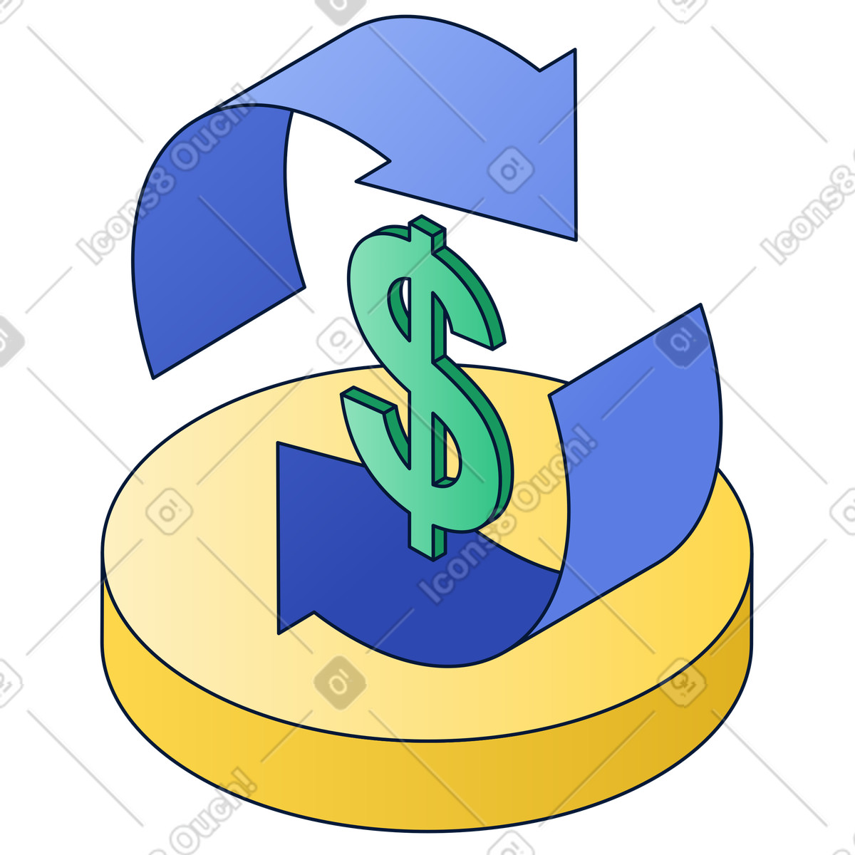 Dollar sign with rotating arrows, cash flow and financial transactions illustration in Neat style download in PNG, SVG
