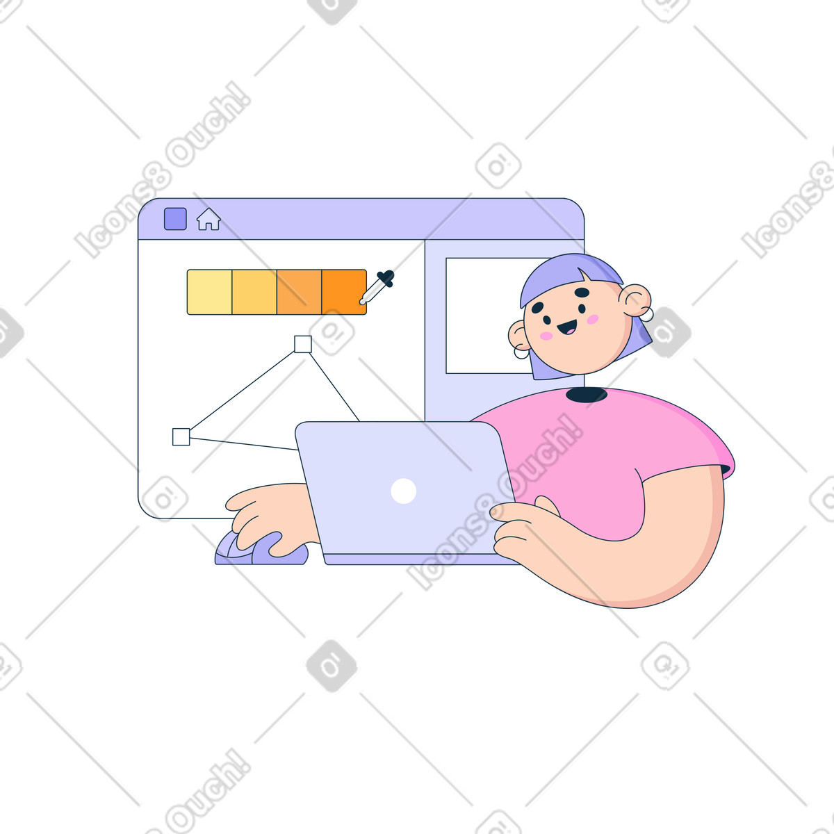 Designer working on laptop with color palette, Graphic design workflow illustration in Bubble gum style download in PNG, SVG
