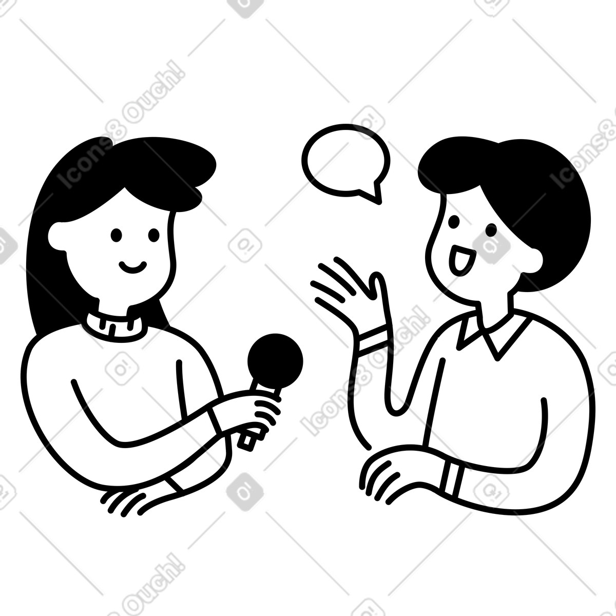 Ilustración Journalist conducting interview conversation with microphone and speaking participant en estilo Notion Line Art a descargar en PNG y SVG
