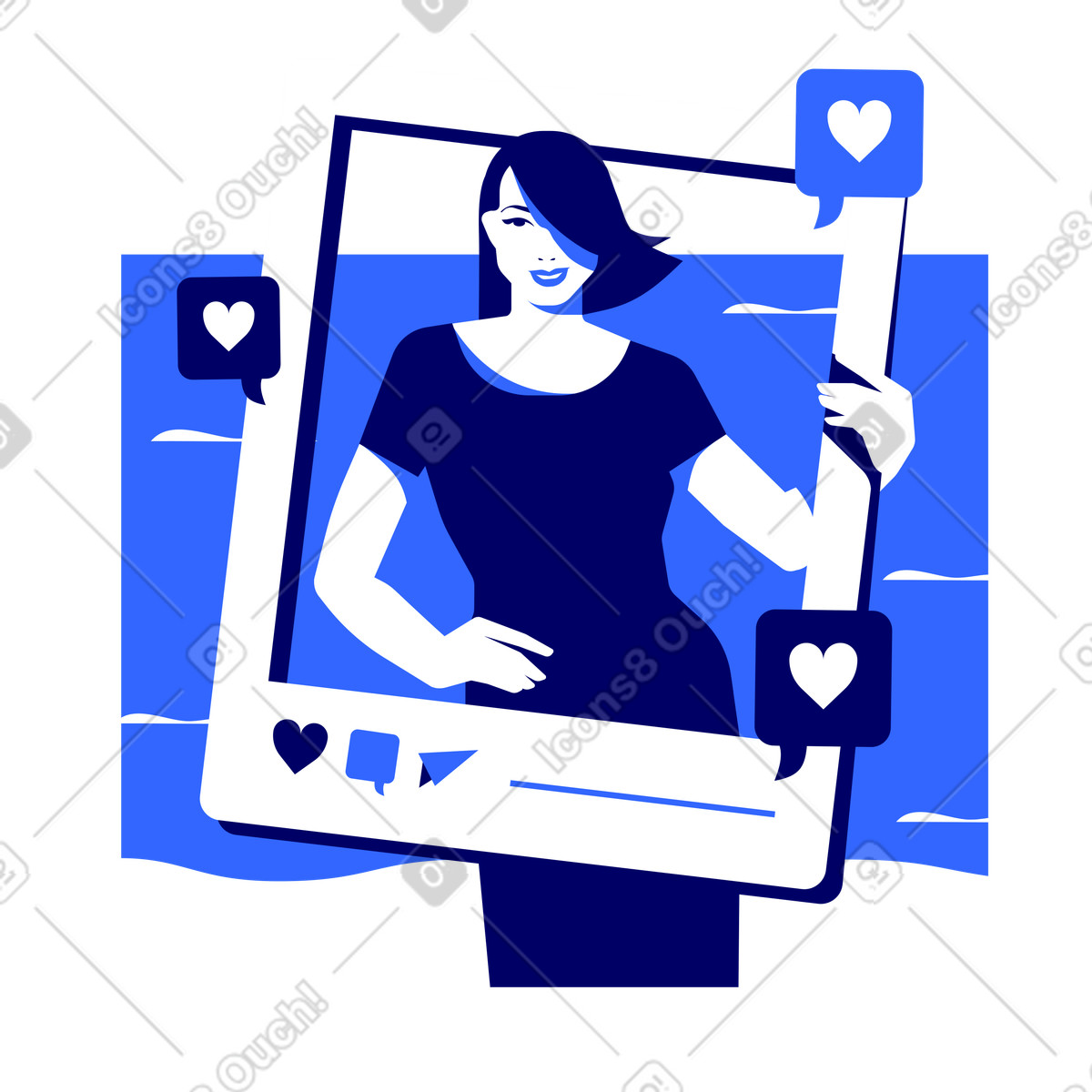 User inside social media post with heart reactions, engagement and influence animated illustration in Lounge style download in GIF, Lottie (JSON), AE