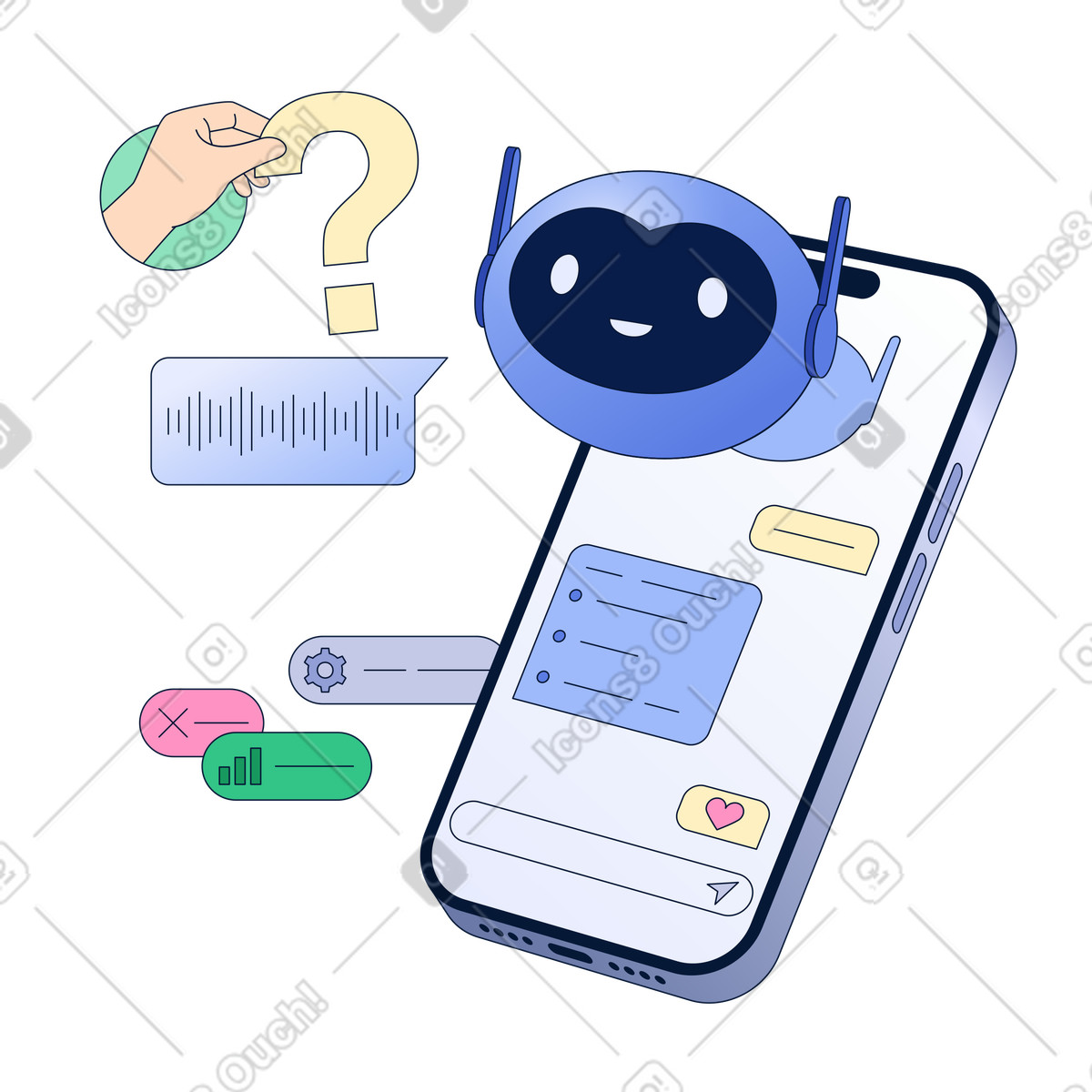 Chatbot answering user questions animated illustration in GIF, Lottie (JSON), AE