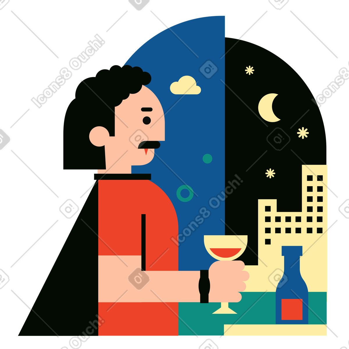 Ilustración Vampiro pasando la noche bebiendo sangre de una copa vino en estilo Polar a descargar en PNG y SVG