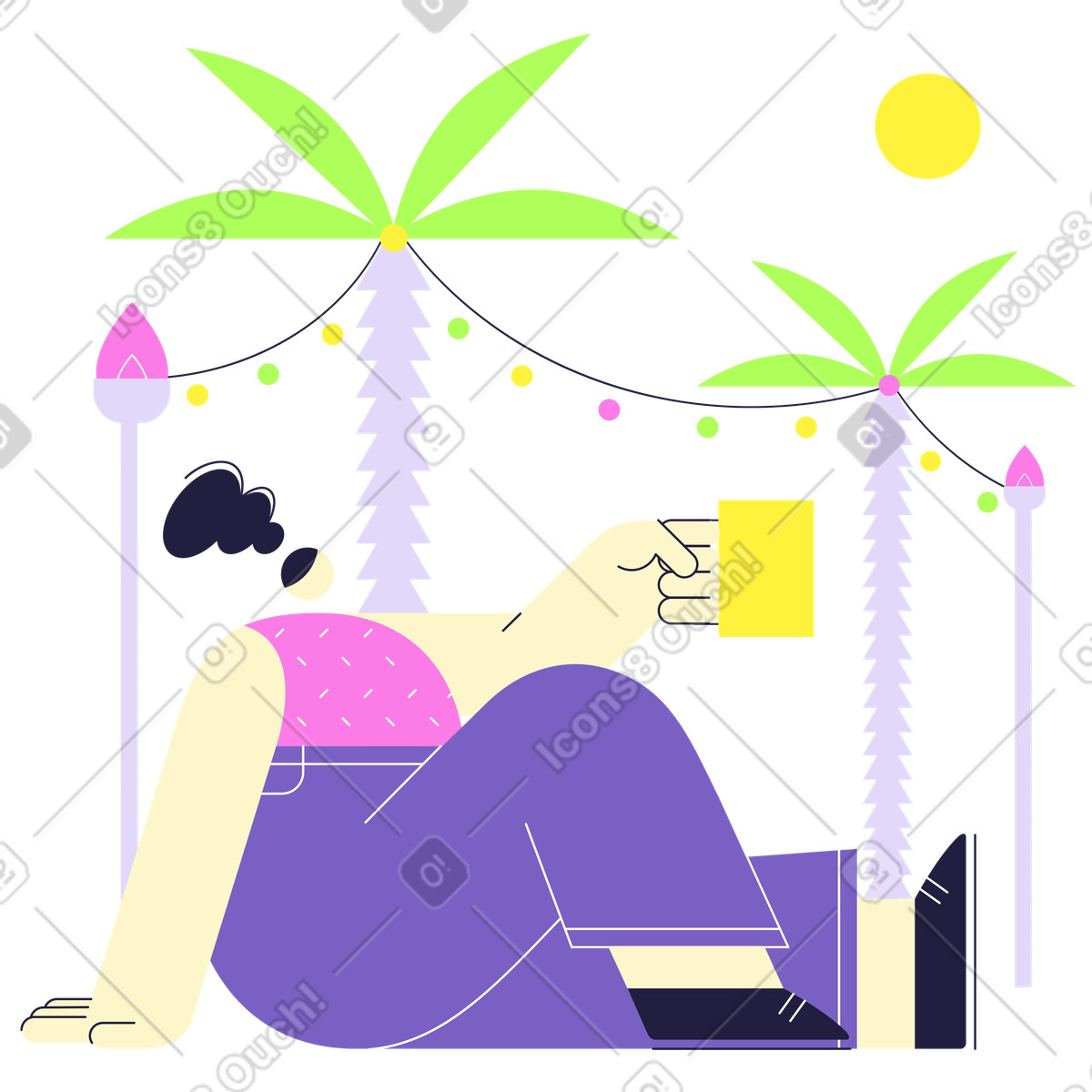 Frau mit einem drink auf einer tropischen party-Illustration im Mellow-Stil als Download in PNG, SVG