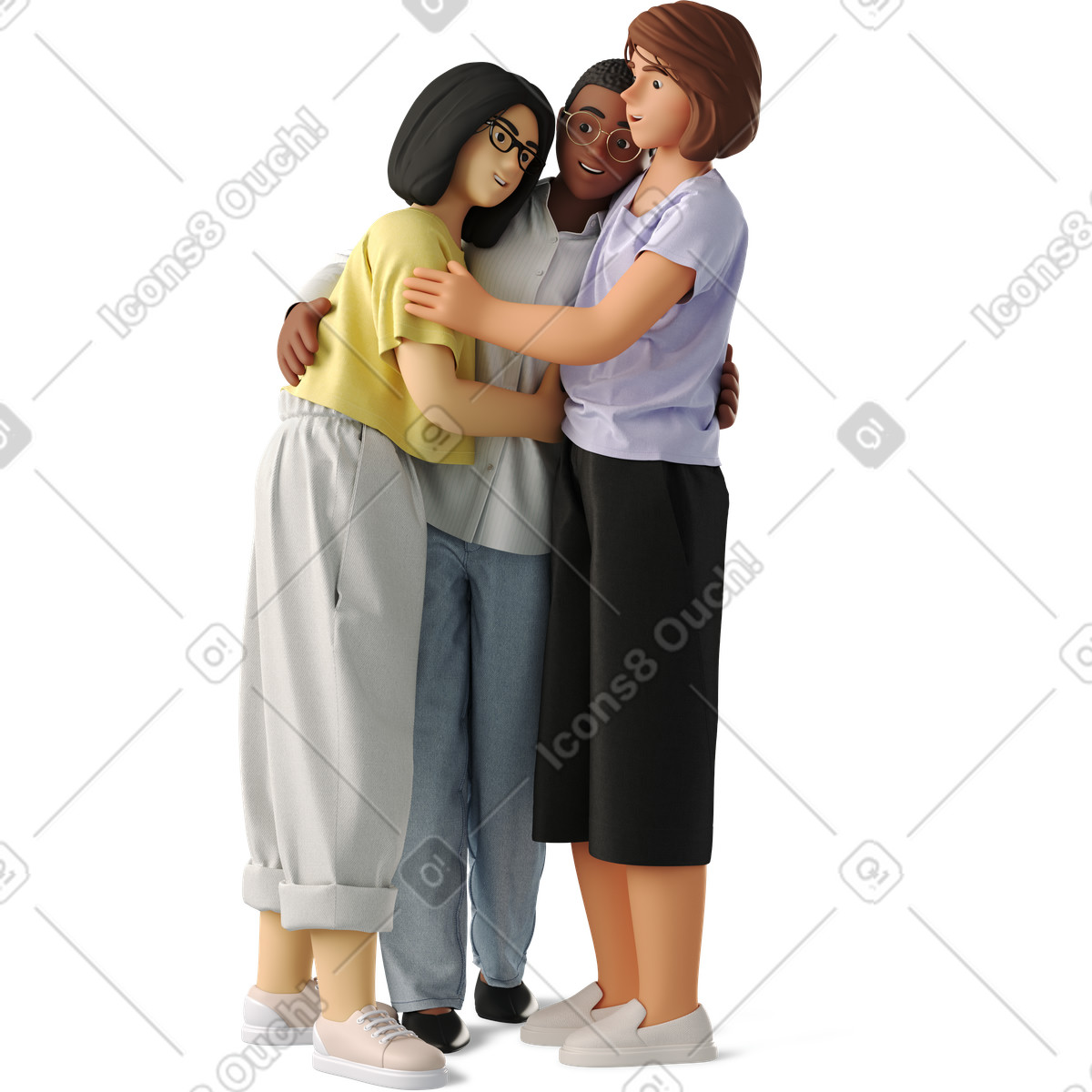 Illustration Three young women hugging dans le style 3D Business à télécharger aux formats PNG, SVG
