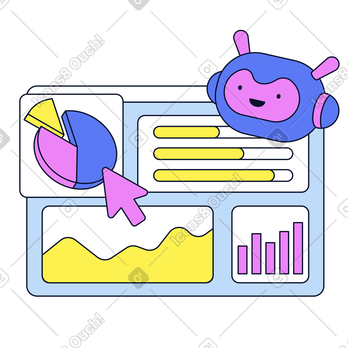 AI assistant with analytics dashboard, Data insights and automation illustrazione in stile Flexy scarica in PNG, SVG
