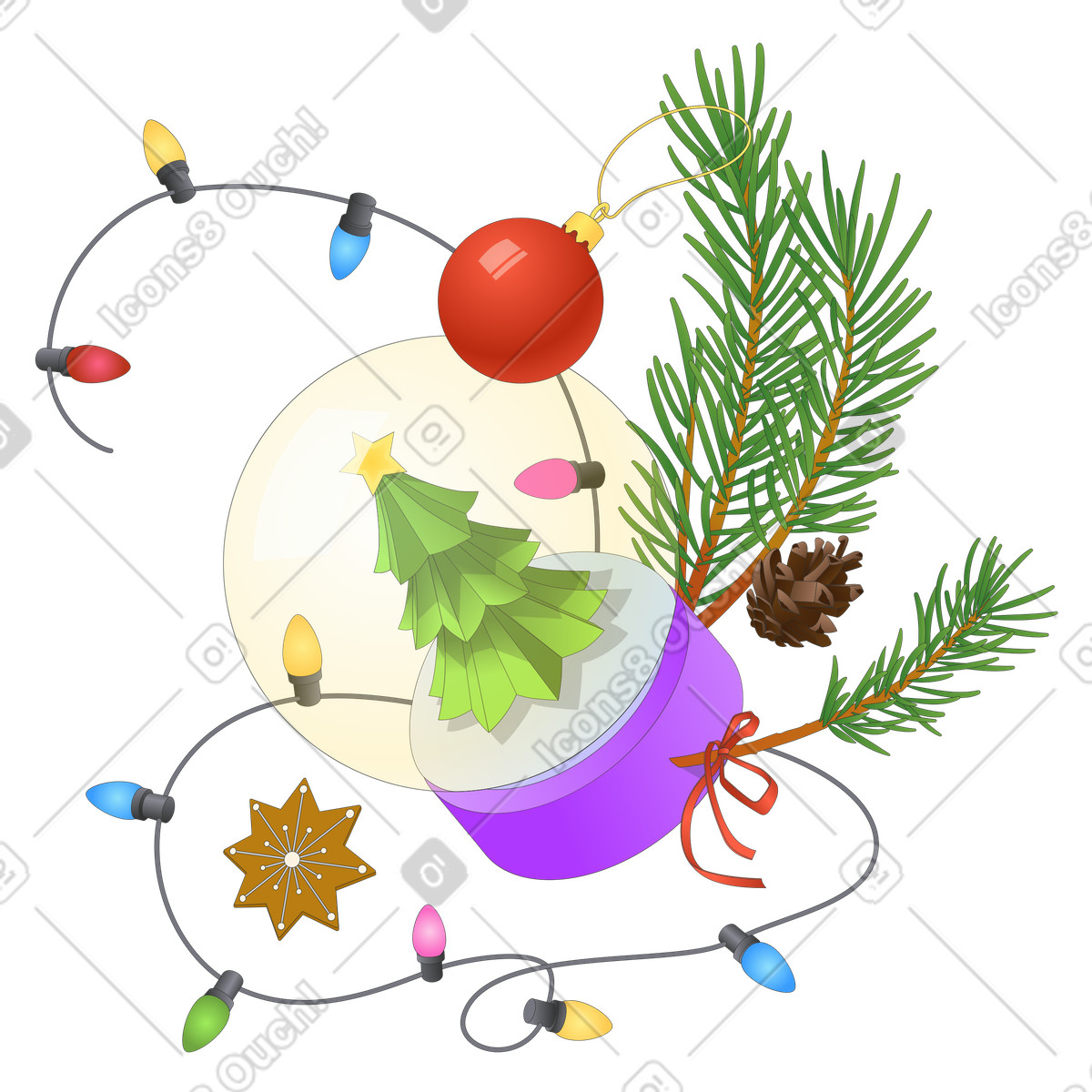 Christmas ornaments and snow globe, Festive atmosphere for the winter holidays animated illustration in Kit style download in GIF, Lottie (JSON), AE