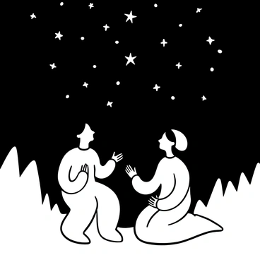 Two handmaids in long, flowing robes are sitting together on the ground, their heads tilted upwards as they look at the "starry sky." The stars are twinkling brightly overhead, illuminating their figures and the surrounding landscape. One handmaid has her hands clasped in her lap, while the other gestures animatedly. They appear to be deep in conversation, conveying a sense of hope and aspiration. Silhouettes of distant trees frame the scene, enhancing the sense of night and tranquility.