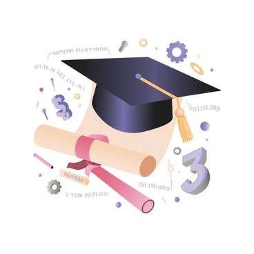 A digital flat illustration featuring a graduation theme. In the center, there is a large graduation cap with a tassel in black and gold. Below the cap, there is a diploma tied with a red ribbon, displaying a visible "Congratulations" text in bold lettering. Surrounding the cap and diploma are various digital elements such as floating gear icons, binary code patterns in blue and green, and stylized circuit board lines connecting these elements. In the background, colorful confetti in shades of blue, gold, and red is scattered throughout, creating a celebratory atmosphere.