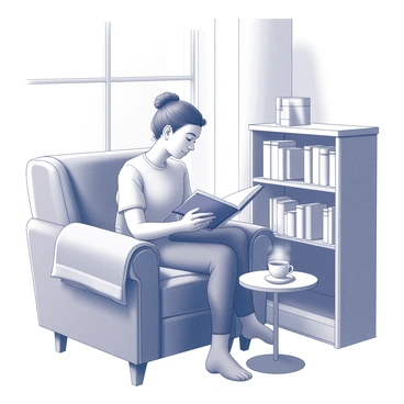 A person sitting in a cozy nook. The nook features a comfortable armchair with plush cushions and a small side table holding a steaming cup of tea. The person is leaning forward, deeply engrossed in reading a book, with one hand holding the book open and the other resting on the arm of the chair. Soft lighting filters through a nearby window, casting gentle shadows, while a small bookshelf filled with various books is positioned in the background. A warm blanket is draped over the armchair, adding to the inviting atmosphere.