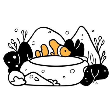 A clownfish with orange and white stripes is peeking out from a rocky pool. The pool is filled with clear water that reflects the surrounding rocks. Various sizes of gray and black rocks are visible around the pool, with some barnacles clinging to their surfaces. Small seaweed plants can be seen growing along the edges of the pool. The scene is captured during low tide, revealing patches of wet sand beside the pool.