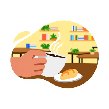 A right hand holding a steaming cup of coffee with a cozy café backdrop.