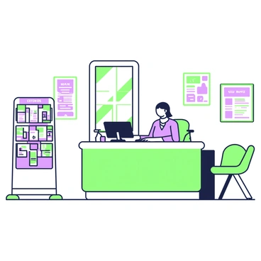 A small local government office features a receptionist sitting at a desk. The receptionist is wearing a professional outfit and is typing on a computer. In front of the desk, there is a waiting area with several chairs arranged neatly. To the side, a display stand holds various informational brochures about local services and events. The brochures are neatly organized, showcasing colorful designs. On the walls, there are framed posters that provide information about community resources. A window lets in natural light, illuminating the space.