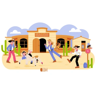 A group of children dressed as cowboys and cowgirls is playing in a western town setting. The boys wear wide-brimmed hats, denim shirts, and toy pistols in holsters. The girls have colorful bandanas around their necks and fringed vests. They are running around a wooden saloon with a swinging door, and there are barrels and cacti scattered around the dusty ground. A few children are pretending to ride toy horses, while others are playing near a hitching post where a wooden horse is tied. In the background, there are rustic wooden buildings and a bright blue sky.