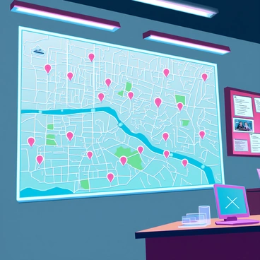 A large, detailed map of a city is displayed on a wall inside a police headquarters. The map features intricate street layouts, landmarks, and color-coded zones. Numerous red pins are inserted into specific locations on the map, each representing points of interest or incidents. Handwritten notes and string connections crisscross the map, linking various locations and providing context to the investigations. A bulletin board nearby is cluttered with additional documents and photographs related to ongoing cases. The setting has a sense of urgency and action, with fluorescent lights illuminating the map and desks filled with police equipment and files in the background.