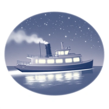 A steamboat gliding smoothly across a calm body of water. The boat is lit with bright lights, illuminating its structure and casting reflections on the surface of the water. Above, a starry sky is filled with twinkling stars, creating a dramatic backdrop. The scene captures the tranquility of the night, with the gentle movement of the boat and the peacefulness of the surrounding environment.