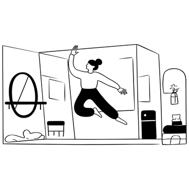 A modern dancer in a dynamic pose is leaping through the air inside a spacious studio. The studio features large mirrors lining the walls, reflecting the dancer's movement and creating a sense of depth. The floor is polished wood, emphasizing the dancer's graceful form as they soar. Various dance equipment, such as ballet bars and mats, is positioned around the studio, further enhancing the environment. The light streaming in from large windows adds dimension to the scene.