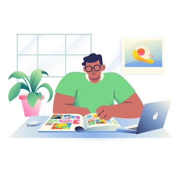 An art director reviewing an illustrator's portfolio in a modern office setting.