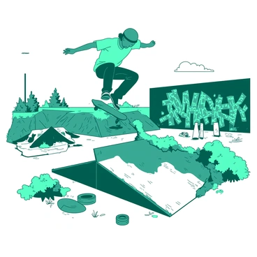 A skateboarder performing tricks over obstacles in an abandoned park