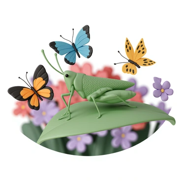 A green grasshopper, with long antennae and intricate wing patterns, is perched on a vibrant green leaf. Surrounding the grasshopper are several colorful butterflies in various stages of flight. One butterfly has bright blue wings with black edges, while another features vivid orange and black patterns. A third butterfly displays yellow wings decorated with small black spots. The garden background is lush, filled with blooming flowers in shades of red, pink, and purple, creating a vivid and lively atmosphere.