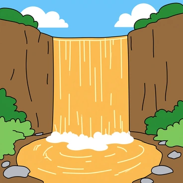 A tall waterfall pouring down rocky cliffs, with water that resembles thick, rich, golden caramel. The waterfall flows into a shallow pool at the bottom, with ripples forming on the surface. Surrounding the waterfall are vibrant green plants and a few smooth stones scattered along the water's edge. Sunlight glistens off the caramel-like water, creating a warm glow in the scene. Above, the sky is bright blue with fluffy white clouds floating gently.