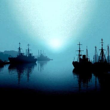 A foggy harbor is shrouded in mist, with ghostly ships appearing to drift silently. The ships are vague silhouettes, their outlines barely discernible. An eerie blue light permeates the scene, illuminating the fog and casting a soft glow on the surface of the water. The harbor is lined with indistinct shapes of docks and mooring posts, blending into the surrounding haze. The atmosphere feels dense and mysterious, as if the air is thick with untold stories.