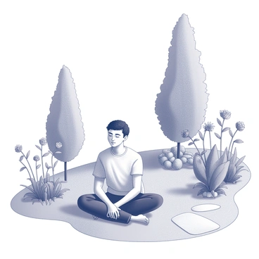 A person meditating with a calm expression in a peaceful garden setting