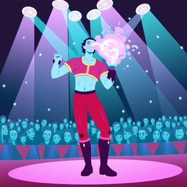 A circus performer with a muscular build, wearing a tight-fitting, sequined costume in vibrant red and gold, stands at the center of a brightly lit stage. The performer holds a torch in one hand, igniting flames that swirl and dance around their mouth as they breathe out a large plume of fire. The audience fills the background, with faces illuminated by the flickering flames, showcasing expressions of awe and excitement. Colorful spotlights shine down on the scene, highlighting the swirls of smoke and sparks in the air, creating a dramatic atmosphere.