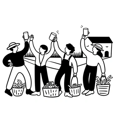 A group of farmers standing together in a field, each holding a coffee mug raised in cheer. They are wearing straw hats and work clothes, showing signs of a day's labor. Baskets filled with harvested crops are placed around them. In the background, a large barn is visible, along with rows of crops ready for harvest. The scene conveys a sense of camaraderie and celebration among the farmers.