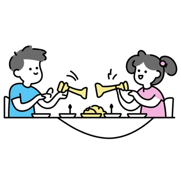 Two children sitting at a dinner table, both eagerly pulling apart a wishbone. The boy on the left, wearing a blue T-shirt, has a focused expression as he grips one end of the wishbone. The girl on the right, with pigtails and wearing a pink dress, is excitedly holding the other end. Plates of food are scattered across the table, and a festive tablecloth adds to the setting. The background suggests a warm, family-oriented atmosphere.