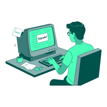 A teal person is sitting at a wooden desk, intently typing on an old, slow gray computer. The computer's screen is dimly lit, showing a text document with several lines of text. On the edge of the monitor, there is a white sticky note prominently displaying the word "Upgrade?" written in black ink. The desk is cluttered with various items, including a small white coffee cup and a few scattered papers. The person has short hair and wears glasses, concentrating on the task at hand.