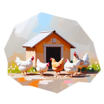 A group of chickens with various feather patterns, including white, brown, and speckled, are pecking at the ground outside a large, rustic wooden chicken coop. The coop has a sloped roof and several small windows, allowing light to filter in. The ground around the coop is earthy and scattered with seeds and bits of greenery. Some of the chickens are foraging while others are standing nearby, creating a lively scene in a pastoral setting. The background includes a patch of grass and a few scattered wildflowers.