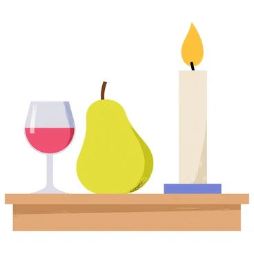 A classic still life arrangement featuring a ripe "birne" with a smooth, yellowish-green skin, positioned prominently on a rustic wooden table. Beside the birne, there is an elegant "wine glass" half-filled with deep red wine, reflecting the soft light in the room. A tall, slender "candle" stands next to the glass, its flame flickering gently, casting warm light and soft shadows across the table surface. The composition showcases the rich textures and colors of the objects, creating a harmonious scene.