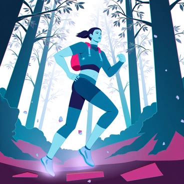 A champion with athletic build and determined expression is zipping through a dense wilderness. They are wearing high-tech, streamlined gear that enhances their speed, featuring reflective surfaces that catch the light. The terrain is rugged, with tall trees and underbrush blurred in the background as they sprint forward. Dust and small debris are kicked up around their feet as they navigate over rocks and roots. Glimmers of sunlight filter through the leaves above, creating dynamic shadows on the ground. The sense of motion is emphasized by the angle of the shot, capturing the champion mid-stride with a focused gaze ahead.