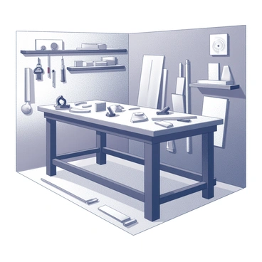 A woodworking station located inside a garage. The space features a sturdy workbench made of dark wood, prominently positioned in the center. Various pieces of wood in different shapes and sizes are scattered across the bench and the floor. Several tools including saws, chisels, and clamps are arranged haphazardly around the area, showcasing an active workspace. Shelves in the background hold additional tools and materials, contributing to the cluttered, yet functional atmosphere of a busy woodworking environment.
