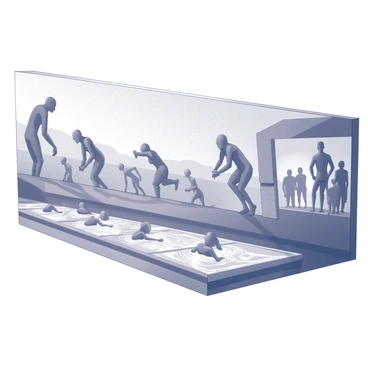 A large mural on a wall depicting various scenes related to the history of swimming. The mural features ancient swimmers in a historical setting, showcasing different swimming strokes used throughout time. It includes depictions of swimmers in traditional attire in a serene water environment. The mural also shows athletes competing in a modern swimming competition, complete with spectators. Each scene is carefully arranged to tell a chronological story of swimming's evolution and cultural significance.