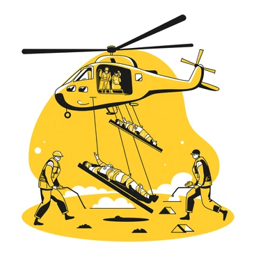 A helicopter hovering above a battlefield, with its rotor blades in motion. The aircraft is in the process of airlifting several injured soldiers, who are secured in stretchers below it. The soldiers are wearing camouflage uniforms, and some have visible bandages and medical gear. The battlefield is marked by debris, and scattered military equipment is seen on the ground. Smoke rises in the background, creating an atmosphere of urgency and action.