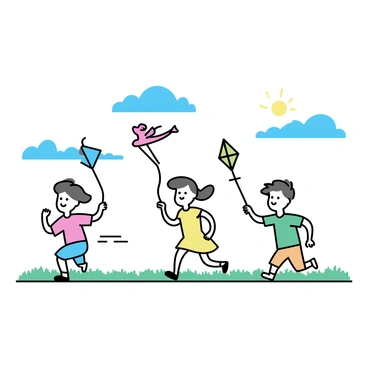 A joyous muster of children playing with colorful kites on a bright, windy day