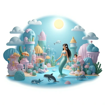 A vibrant underwater city with colorful coral reefs and various marine plants. The city is filled with friendly sea creatures, such as playful dolphins, graceful manta rays, and curious sea turtles swimming around. Mermaids with long flowing hair, adorned with seashell accessories and shimmering tails, are interacting with the sea creatures. Some mermaids are playing with the dolphins, while others are tending to gardens of seaweed and coral. The buildings in the city resemble giant seashells and colorful anemones, creating a lively and enchanting atmosphere. Sunlight filters down through the water, illuminating the scene with a serene glow.