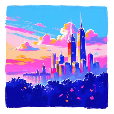 Silhouettes of towering sky structures rise dramatically against a twilight sky. The buildings have sharp, angular designs with varying heights and shapes, creating a striking skyline. The sky transitions from deep blue at the top to warm shades of orange and purple near the horizon. Some clouds are softly illuminated, adding depth to the scene. The foreground features a dark landscape, providing contrast to the vibrant colors of the sky.