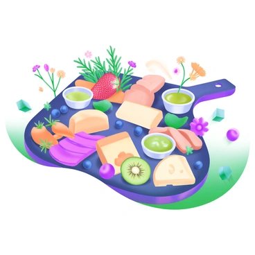 A modern pastel illustration featuring a beautifully arranged master board filled with an array of food items. The board includes a vibrant assortment of fruits such as sliced strawberries, kiwis, and blueberries, arranged artfully alongside an assortment of cheeses and charcuterie. There are small bowls containing various dips, including hummus and guacamole, placed strategically among the food. Colorful garnishes like fresh herbs and edible flowers add visual interest. The background is light and subtle, emphasizing the vivid colors of the food.