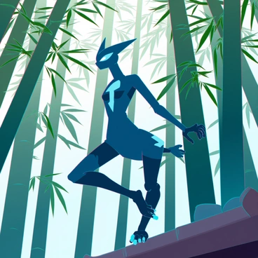 A sleek Greninja with a deep blue body and light blue accents is stealthily navigating through a dense bamboo forest. Its elongated limbs and webbed hands are poised for movement, blending seamlessly with the shadows. Tall, green bamboo stalks form a thick backdrop, their leaves rustling gently in the breeze. Sunlight filters through the canopy, creating dappled light patterns on the forest floor. Greninja's eyes are narrowed, focused on its surroundings, as it subtly shifts from one bamboo clump to another, demonstrating its agility and stealth.