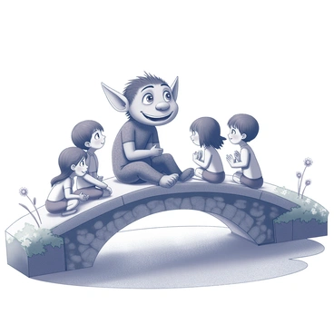 A gentle troll with textured skin and large, expressive eyes is sitting comfortably on a stone bridge. The troll has a warm smile, and its posture is relaxed, suggesting friendliness. Around the troll, several curious children are gathered, sitting on the edge of the bridge and leaning in closely to listen. The children have wide eyes filled with wonder and excitement as they interact with the troll. The bridge is adorned with moss and small flowers, and the background features a serene river flowing underneath. The scene conveys a sense of adventure and connection between the troll and the children.