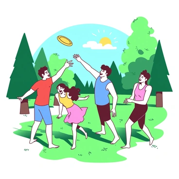 A group of four friends, two males and two females, are in a green park surrounded by tall trees. One male, wearing a red t-shirt, stands with his arms raised, ready to catch a bright yellow frisbee. The other male, dressed in a blue tank top, is throwing the frisbee with a big smile on his face. One female, wearing a pink sundress, is laughing as she watches the frisbee soar through the air. The second female, dressed in white shorts and a yellow top, is positioned to the side, preparing to run and catch it if it comes her way. The sun is shining brightly, casting light that creates a cheerful atmosphere in the park.