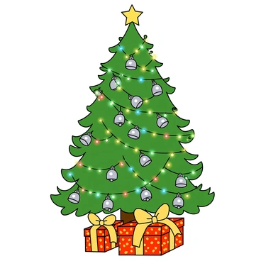 A tall Christmas tree with lush green branches, densely covered in shiny jingle bell ornaments in various sizes. The ornaments are silver and gold, glimmering in the light. Bright strings of colorful lights are woven throughout the tree, adding a festive glow. At the base of the tree, there are presents wrapped in vibrant, patterned paper with large bows. The scene is completed with a star shining brightly at the top of the tree.