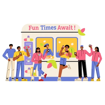 A vibrant photo booth featuring colorful decorations related to a brand. The booth has a large banner displaying the brand's logo, "Fun Times Await!" in bold letters. Groups of customers are gathered around the booth, posing with playful props like oversized sunglasses, hats, and inflatable accessories. Brightly colored backdrops with fun patterns are visible, enhancing the joyful atmosphere. Laughter and excitement are evident as the customers strike various poses, capturing memorable moments together.