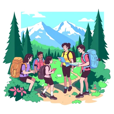 A group of six hikers, wearing colorful hiking gear, is preparing to set off on a narrow trail. The hikers are gathered together, some adjusting their backpacks while others are consulting a map. The lush greenery surrounds them, with tall trees and vibrant plants adding to the scenery. In the background, majestic mountains rise, their peaks partially covered by white clouds. Sunlight filters through the leaves, creating dappled patterns on the ground. Each hiker is engaged in conversation, excited about the adventure ahead.