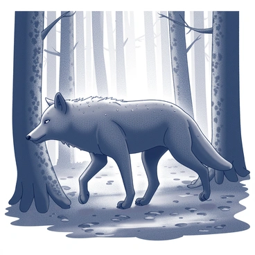 A grey wolf is walking through a dense forest. The wolf's fur appears sleek and shiny, accentuated by numerous raindrops clinging to its coat. The trees around the wolf are tall and thick, their trunks covered in dark bark. The ground is damp and muddy, with puddles reflecting the muted light filtering through the canopy. The atmosphere is rich with the textures of wet leaves and the sound of rain softly falling on the foliage.