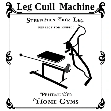 An old-fashioned advertisement featuring a leg curl machine prominently in the center. The leg curl machine has a classic design with visible bolts and leather padding. Surrounding the machine are various vintage elements such as decorative borders and ornate detailing. The advertisement includes “Leg Curl Machine” in bold, vintage fonts at the top. Below, there are benefits listed in smaller vintage fonts, like “Strengthen Your Legs” and “Perfect for Home Gyms.” The overall composition has a retro aesthetic, giving it an authentic vintage feel.