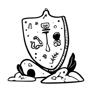 An ancient shield displayed upright, featuring intricate engravings of various symbols that signify protection from the plague. The symbols include a serpent coiling around a staff, a pair of clasped hands, and a protective amulet. The surface of the shield is weathered, showing signs of age with scratches and dents. The shield is surrounded by scattered herbs and flowers, often associated with healing and protection. The entire composition is placed on a stone surface, emphasizing the historical significance of the shield.